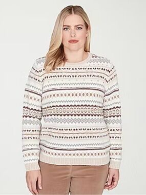 Alfred Dunner Ivory Fair Isle Pattern Crewneck Sweater